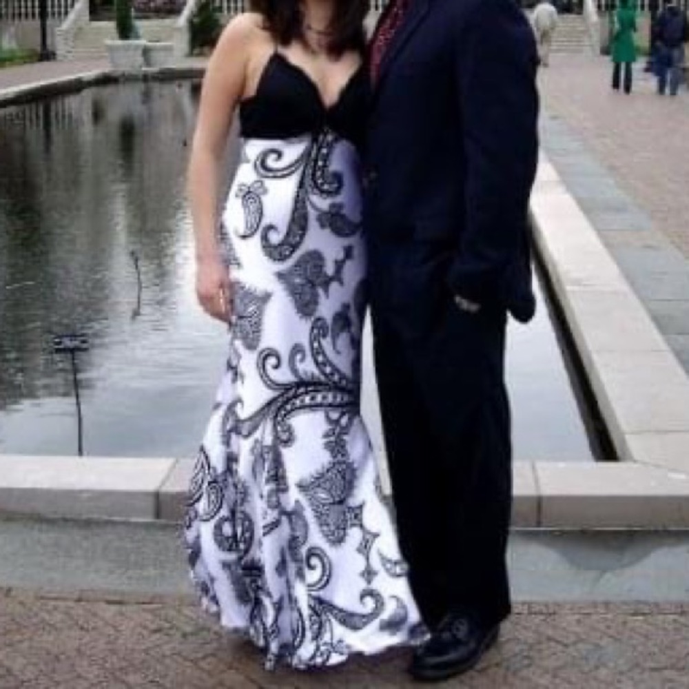 White and black long formal dress